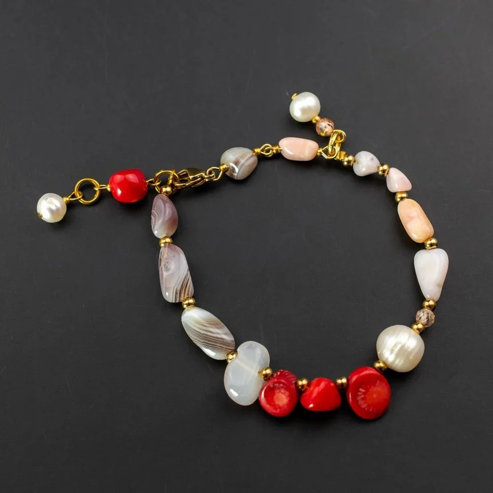 Mismatched beaded bracelet, red coral and pearl bracelet handmade